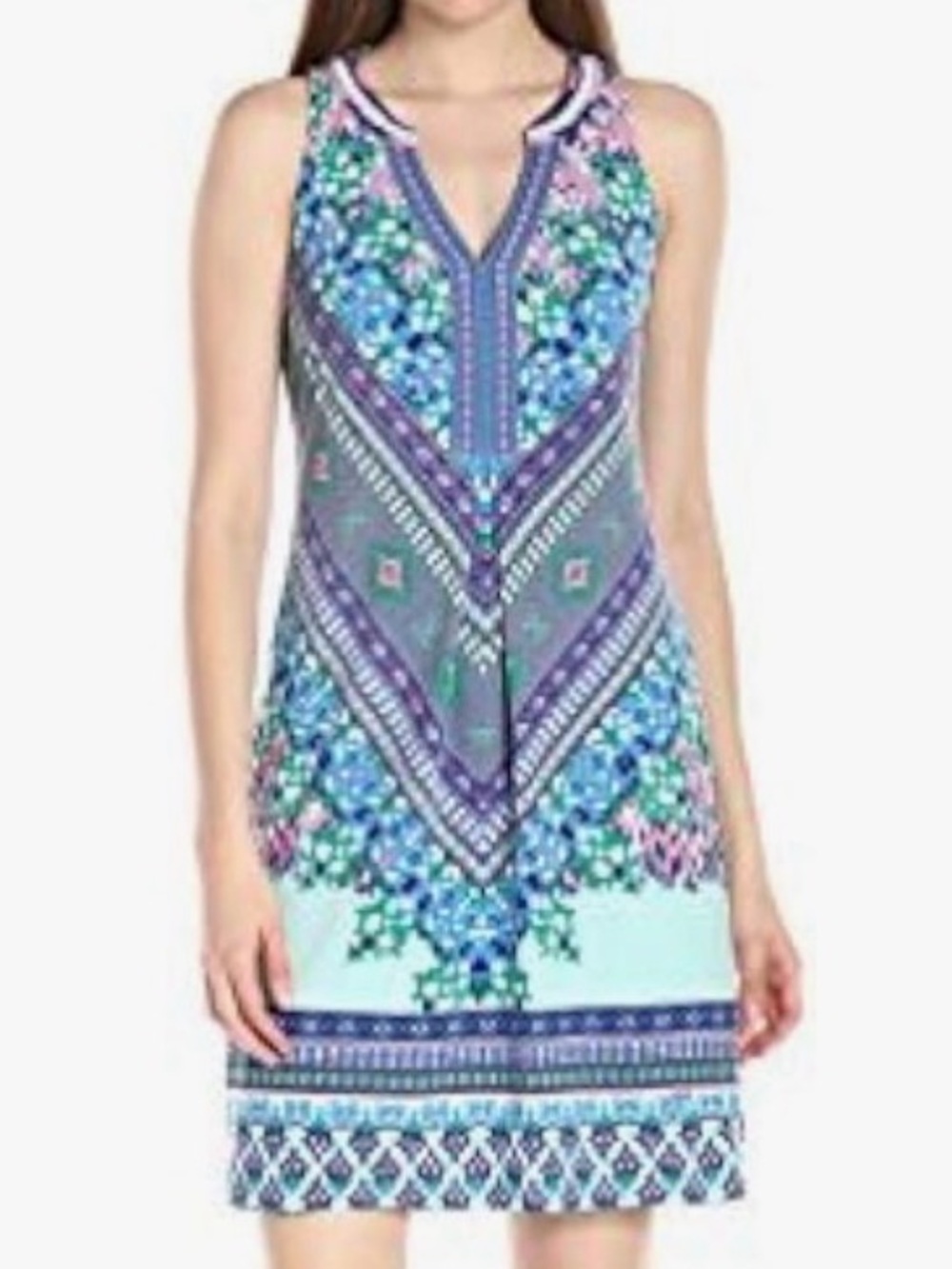 Hale Bob V-Neck Beaded Embellishments in Blue and Green Geometric Womens Size M